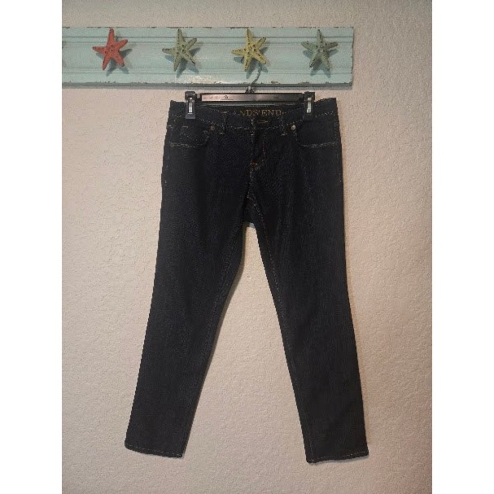 Lands End Womens Dark Wash Straight Leg Denim Jeans Petite 4P Dark Blue